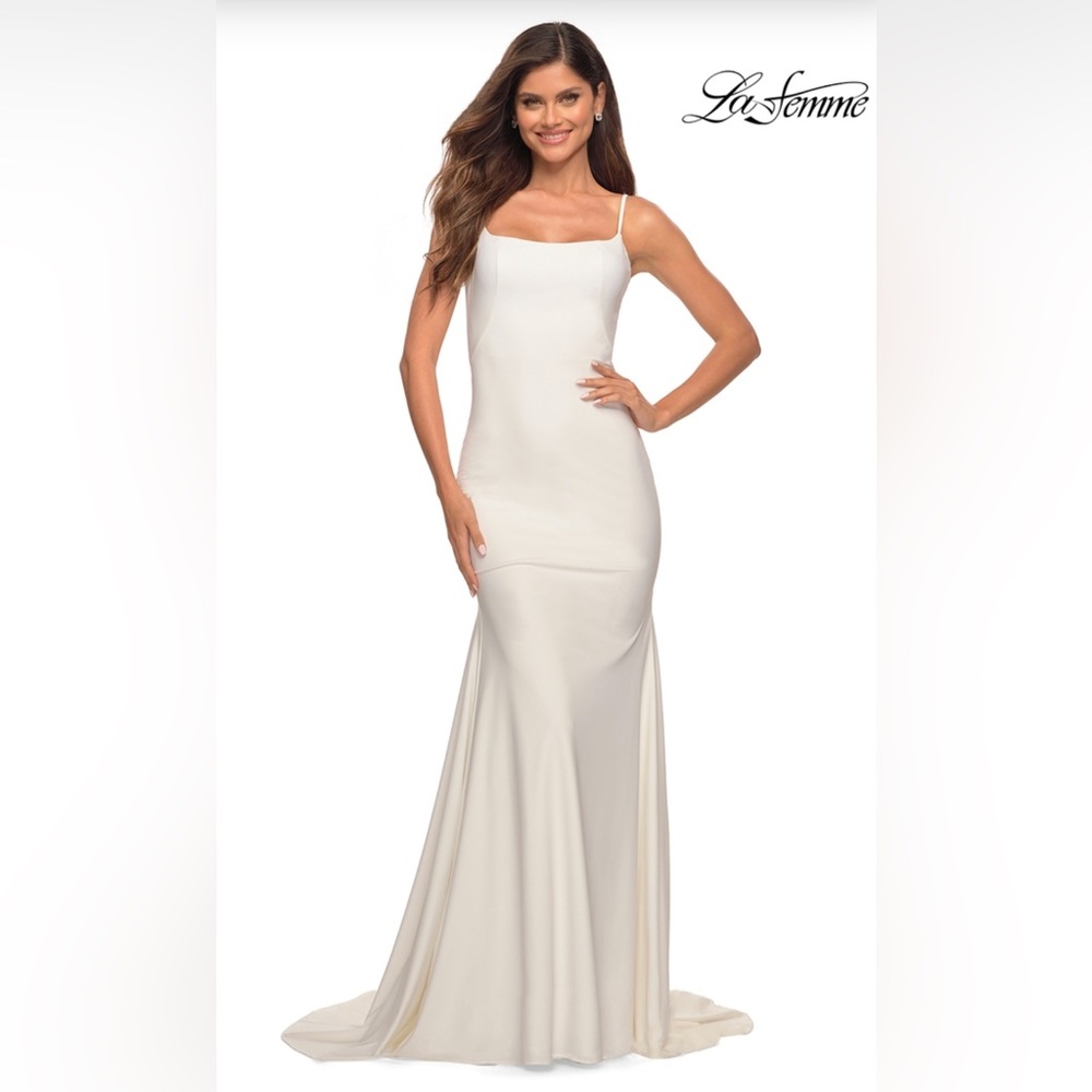 La Femme white jersey gown with train